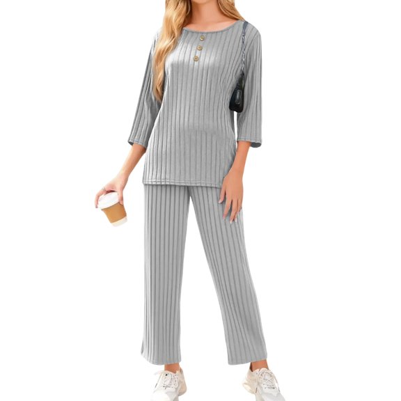 Wutalume Women's Casual Fashion Comfortable Top and Pants Set, Soft Home Wear Pajamas and Loungewear Outfit,Gray L