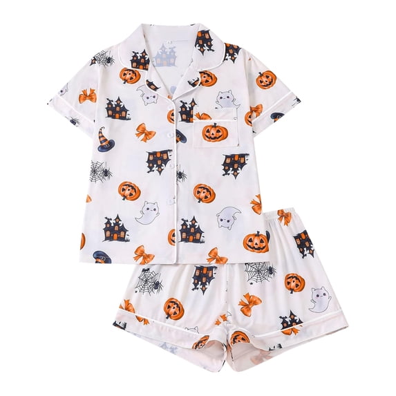 Wutalume Women's Casual Fashion Halloween Printed Short Sleeve Pajama Set, Spooky Theme Home Wear Loungewear Outfit,Saffron M