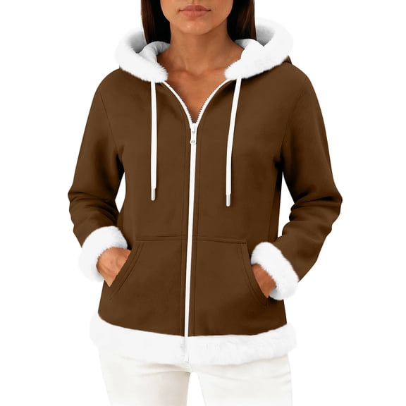Wutalume Women's Casual Fashion Long Sleeved Zip Up Fleece Hooded Cardigan, Soft and Warm Outerwear for Relaxed Style and Winter Layering,Coffee 2XL