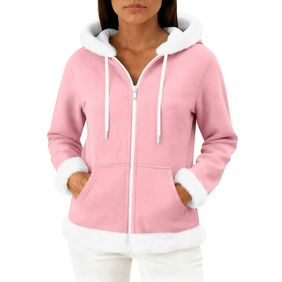 Wutalume Women's Casual Fashion Long Sleeved Zip Up Fleece Hooded Cardigan, Soft and Warm Outerwear for Relaxed Style and Winter Layering,Pink S