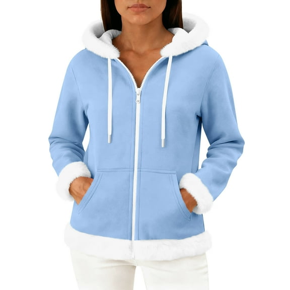 Wutalume Women's Casual Fashion Long Sleeved Zip Up Fleece Hooded Cardigan, Soft and Warm Outerwear for Relaxed Style and Winter Layering,Sky Blue M