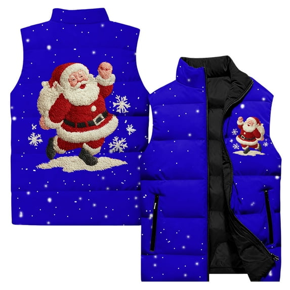 Wutalume Women's Casual And Fashionable Sleeveless Vest Christmas Printed Cotton Jacket, Lightweight and Festive Layering Piece for Holiday Fashion,Blue 4XL