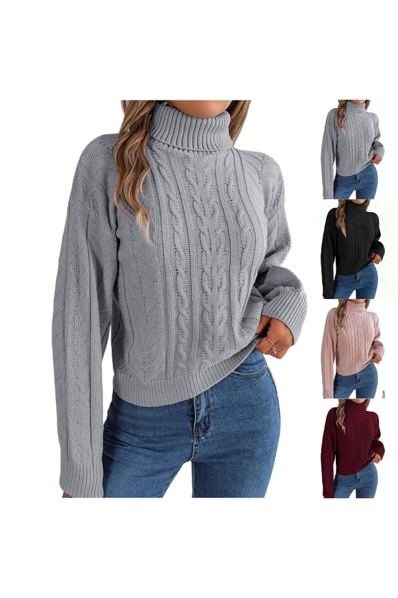 Women's Casual High Neck Twisted Cable Long Sleeve Knit Pullover Warm Sweater, Textured Design, Cozy Winter Top for Cold Days,Gray M
