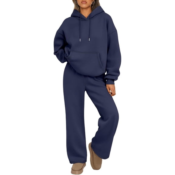 Wutalume Women's Casual Hooded Sweatshirt and Oversized Wide Leg Joggers Set, Relaxed Fit Sportswear and Lounge Outfit,Dark Blue M