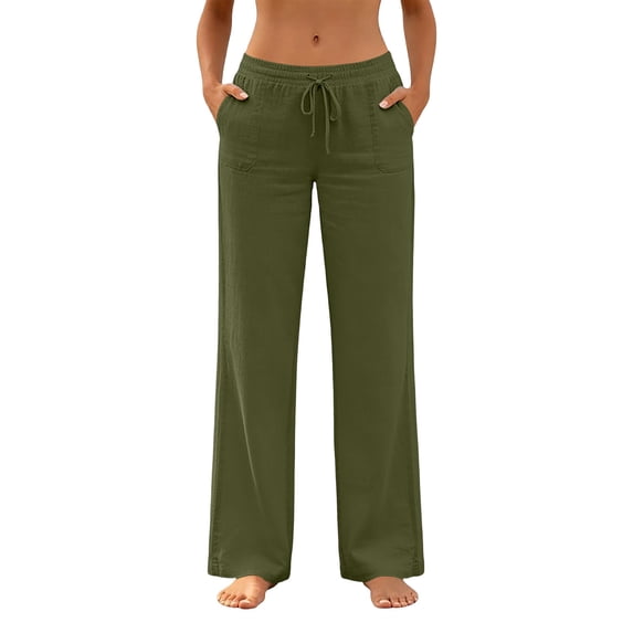 Wutalume Women's Casual Lightweight Linen Pants - with Drawstring Waist and Pockets, Loose Trousers for Summer, Beach, Travel, Breathable Airy Fabric, Perfect Summer Pants for Women,Army Green L