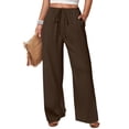 thumbnail image 1 of Wutalume Women's Casual Pants, Loose Fit Solid Color Drawstring Straight Leg Trousers with Pockets for Daily, Office, Weekend, Soft Stretchy Fabric,Brown XL, 1 of 5