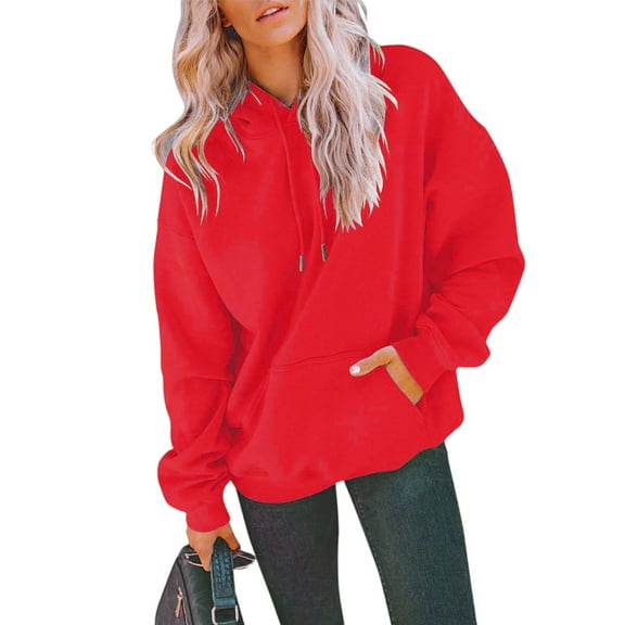 Wutalume Women's Casual Pocket Hoodie with Drawstring Pullover Sweatshirt Top, Fashionable and Comfortable for Everyday Wear,Red 2XL