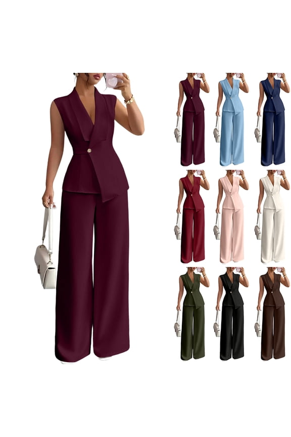 Women's Casual Sleeveless Two Piece Set - Blazer Style Straight Leg Pants Outfit, Elegant Office Wear for Summer Daily,Black L
