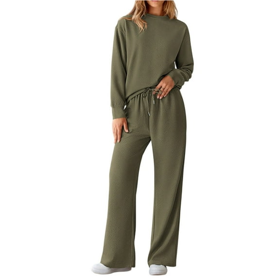 Wutalume Women's Casual Solid Color 2-Piece Set, Textured Drawstring Waist Tracksuit, Fall and Winter Sportswear Outfit,Army Green L