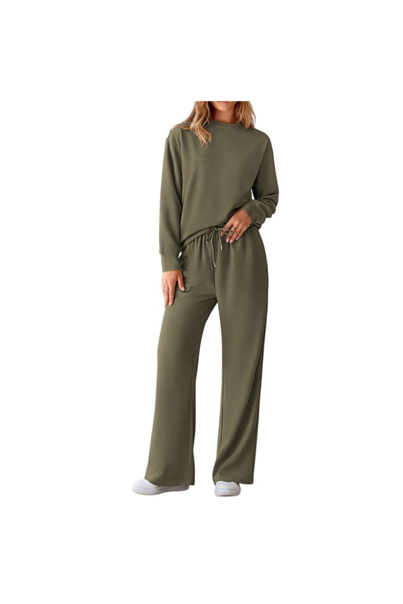 Women's Casual Solid Color 2-Piece Set, Textured Drawstring Waist Tracksuit, Fall and Winter Sportswear Outfit,Army Green S