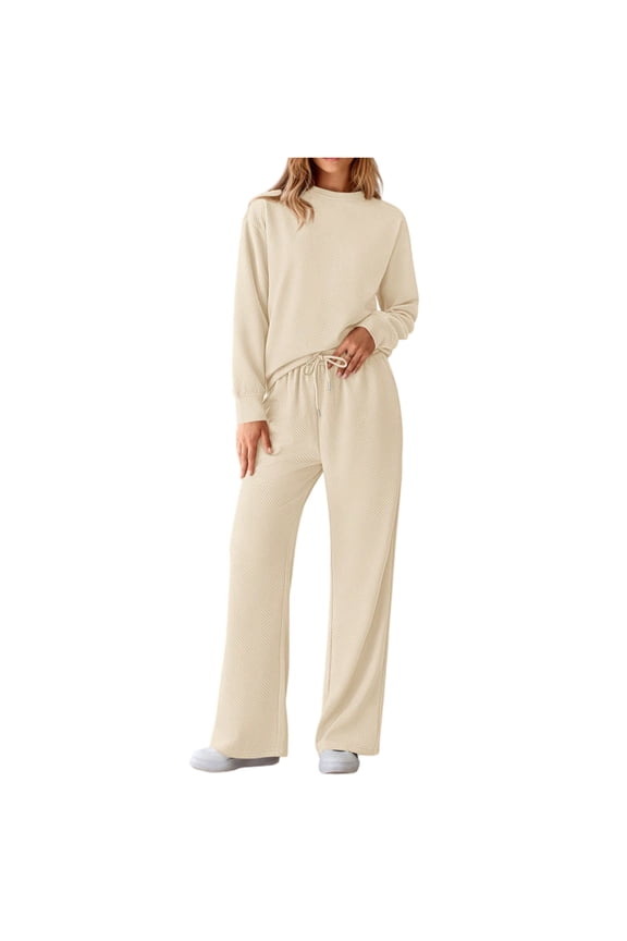 Women's Casual Solid Color 2-Piece Set, Textured Drawstring Waist Tracksuit, Fall and Winter Sportswear Outfit,Beige S
