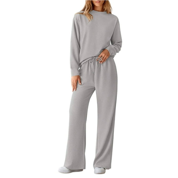 Wutalume Women's Casual Solid Color 2-Piece Set, Textured Drawstring Waist Tracksuit, Fall and Winter Sportswear Outfit,Light Gray M