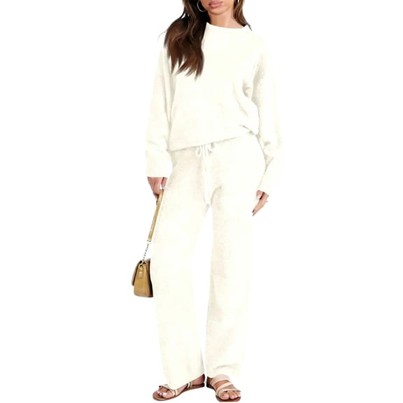 Wutalume Women's Casual Solid Color Round Neck Thickened Warm Set, Cozy Fleece Lined Top and Pants, Winter Loungewear,Beige XL