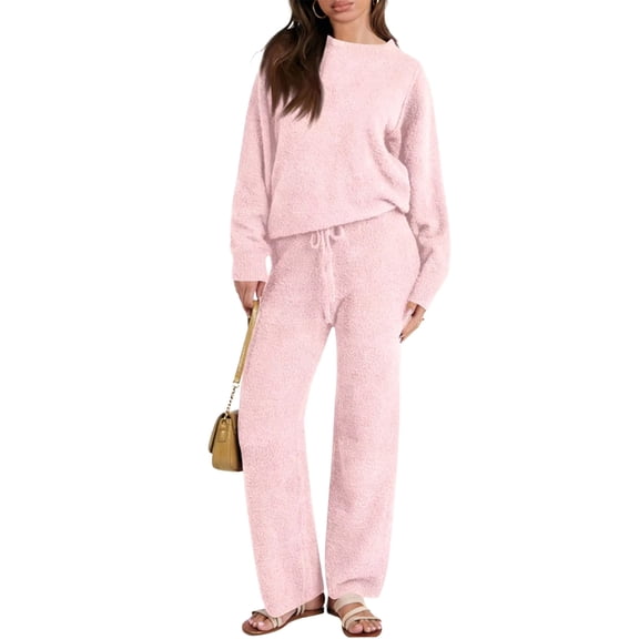 Wutalume Women's Casual Solid Color Round Neck Thickened Warm Set, Cozy Fleece Lined Top and Pants, Winter Loungewear,Pink L