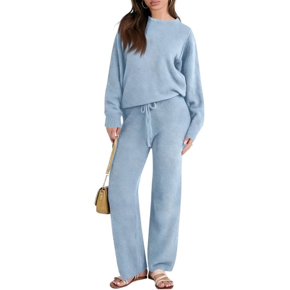 Wutalume Women's Casual Solid Color Round Neck Thickened Warm Set, Cozy Fleece Lined Top and Pants, Winter Loungewear,Sky Blue S