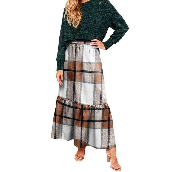 Wutalume Women's Casual Tiered Ruffle Plaid Long Skirt, Loose Fit Bohemian Maxi Skirt with Elastic Waist, Comfortable Daywear,Saffron M