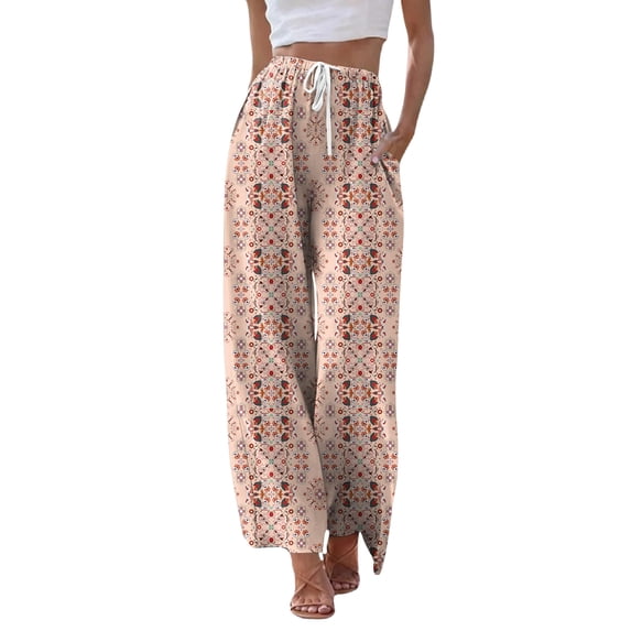 Wutalume Women's Casual Wide Leg Pants, Retro Floral Print Drawstring Waist with Pockets, Loose Flowy Bottoms for Spring and Summer Beach,Pink S
