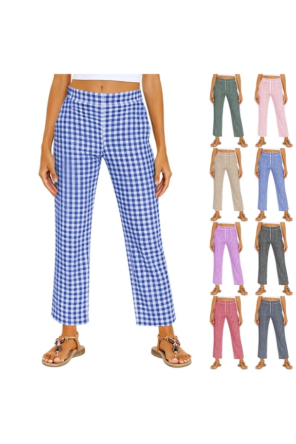 Women's Checkered Straight Leg Pants - Elastic Waist Casual Trousers, Loose Fit Plaid Pattern for Daily Wear,Red M