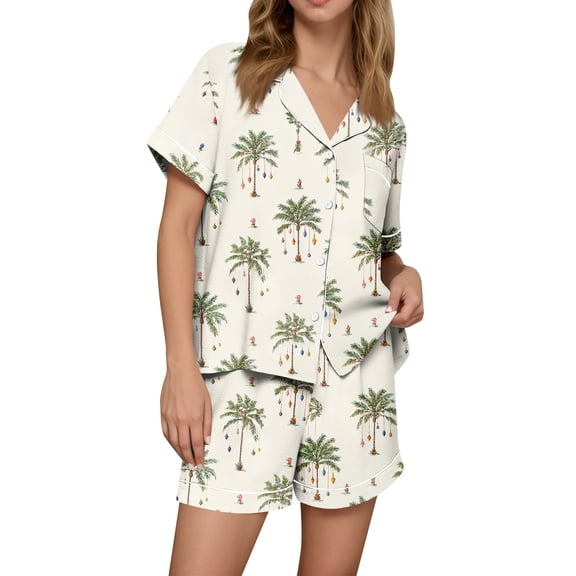 Wutalume Women's Christmas Print Flannel Pajama Set, Short Sleeve Button Down Shirt and Shorts, Seasonal Home Loungewear,Beige M