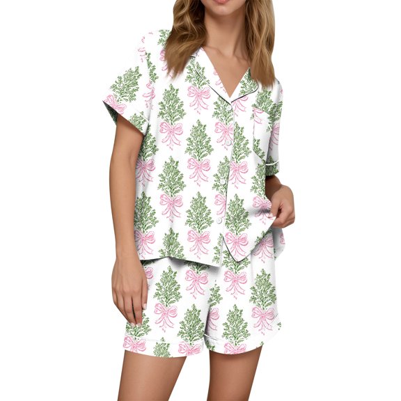 Wutalume Women's Christmas Print Flannel Pajama Set, Short Sleeve Button Down Shirt and Shorts, Seasonal Home Loungewear,Green M