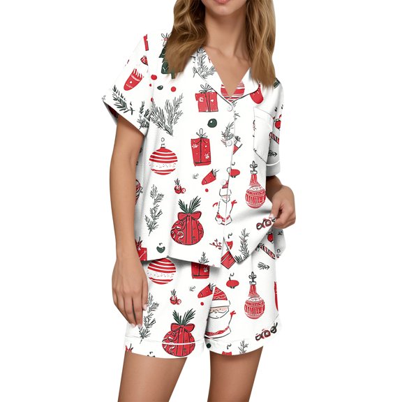 Wutalume Women's Christmas Print Flannel Pajama Set, Short Sleeve Button Down Shirt and Shorts, Seasonal Home Loungewear,White S