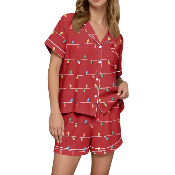 Wutalume Women's Christmas Print Flannel Pajama Set, Short Sleeve Button Down Shirt and Shorts, Seasonal Home Loungewear,Wine S