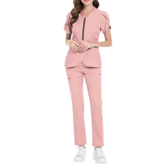 Wutalume Women's Comfortable Solid Color Short Sleeve Scrub Set, V-Neck Top and Drawstring Pants, Healthcare Work Uniform,Pink M