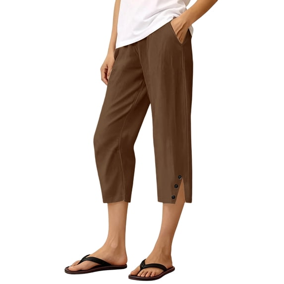 Wutalume Women's Cotton Linen Capri Pants Elastic Waist Casual Loose Straight Leg Beach Pocket Trousers Summer Vacation,Brown M