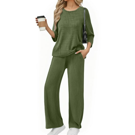 Wutalume Women's Cozy Home Wear 2-Piece Pajama Set, Comfortable Top and Relaxed Fit Pants, Soft Loungewear Outfit,Army Green L