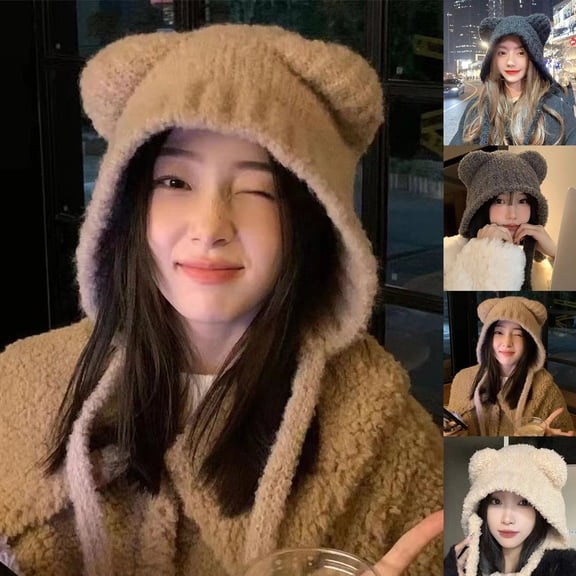 Wutalume Women's Cute Animal Ear Plush Beanie, Fashionable Knit Hat with Floppy Ears, Warm and Adorable Winter Accessory,Beige