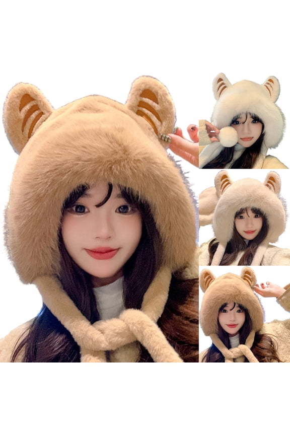 Women's Cute Plush Winter Beanie, Thickened Toque Style Knit Hat with Ear Coverage, Warm and Soft Fleece Lined Cap,Khaki