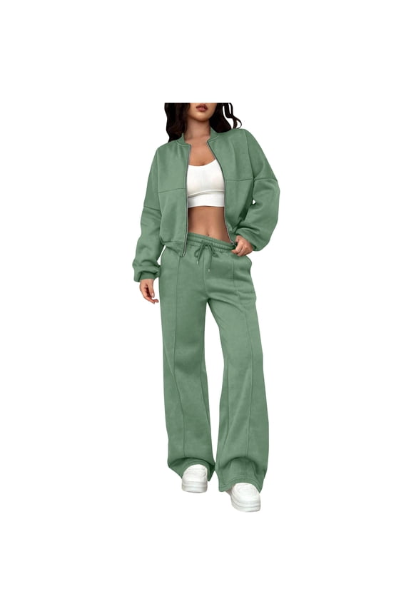 Women's Daily Wear 2-Piece Set, Solid Color Cardigan with Zipper and Slim Fit Elastic Waist Pants, Casual Outfit,Mint Green 2XL