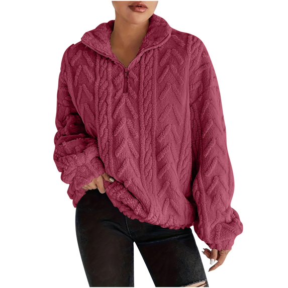 Wutalume Women's Double-Sided Plush Zip Pullover Sweatshirt, Warm and Loose Outerwear Top for Winter Fashion and Comfort, Perfect for Cold Days and Cozy Indoor Wear,Wine L