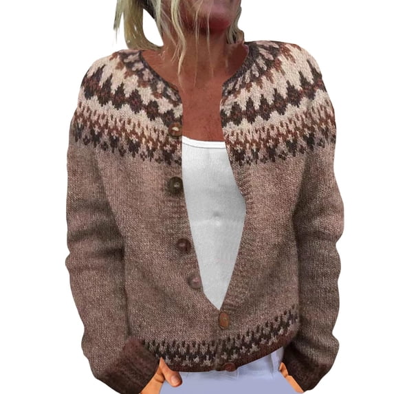 Wutalume Women's Fair Sweaters Neck Loose Fit Button Up Chunky Sweater Open Front Casual Fall Knit Jacket, Comfortable and Stylish Top for Layering,Brown M