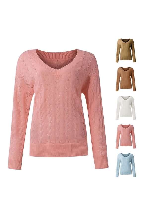 Women's Fall Winter Fashion Solid Color Hollow V-Neck Long Sleeve Knit Sweater, Lightweight Lacy Design, Chic Top for Evening and Special Occasions,Light Blue L