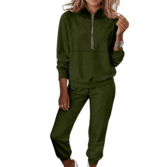 Wutalume Women's Fashion 2-Piece Solid Color Sweatshirt Set, Long Sleeve Top and Jogger Pants, Casual Sportswear Outfit,Army Green L