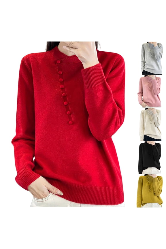 Women's Fashion Casual Pullover Knitted Sweater with Buttons, Solid Color Long Sleeve Top, Elegant Detail Design for Chic Outfits,Black L