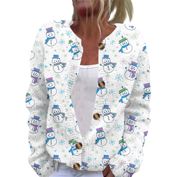 Wutalume Women's Fashion Christmas Printed Long Sleeve Knitted Cardigan Button Down Jacket, Holiday Themed Cozy Outerwear for Festive Seasons and Gatherings,White S