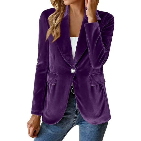 Wutalume Women's Fashion Elegant Solid Color Long Sleeve Gold Velvet Button Coat, Velvet Fabric, Sophisticated Look, Ideal for Formal Occasions and Office Wear,Purple S