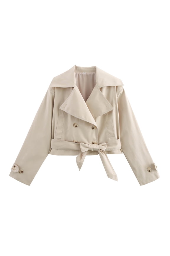Women's Fashion Long Sleeved Solid Color Double Layer Collar Soft Coat, Belted Short Trench Jacket for Casual and Office Wear in All Seasons,Beige L