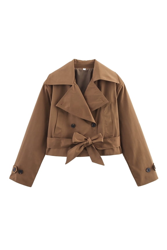 Women's Fashion Long Sleeved Solid Color Double Layer Collar Soft Coat, Belted Short Trench Jacket for Casual and Office Wear in All Seasons,Light Brown M