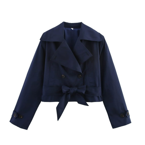 Wutalume Women's Fashion Long Sleeved Solid Color Double Layer Collar Soft Coat, Belted Short Trench Jacket for Casual and Office Wear in All Seasons,Navy L