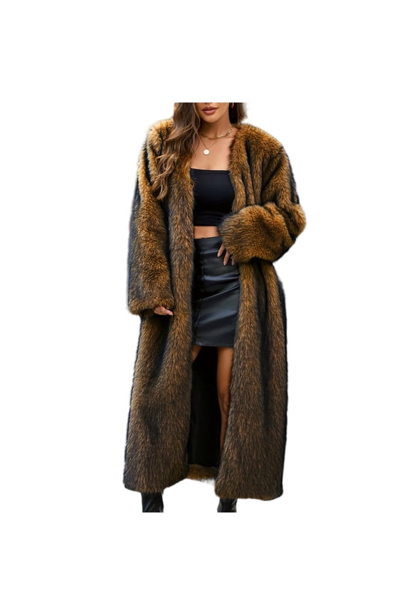 Women's Fashion Plush Jacket Casual Solid-color Long-sleeved Cardigan Long Coat, Faux Fur Design, Warm and Luxurious, Perfect for Winter Events and Outings,Yellow L