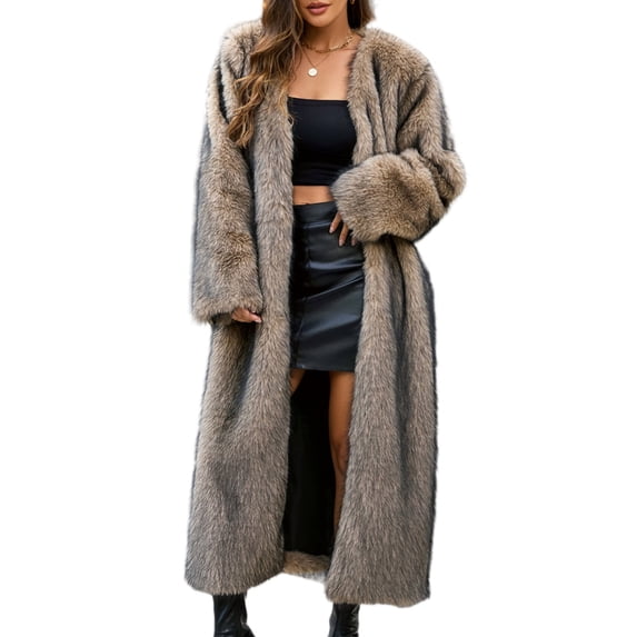 Wutalume Women's Fashion Plush Jacket Casual Solid-color Long-sleeved Cardigan Long Coat, Faux Fur Design, Warm and Luxurious, Perfect for Winter Events and Outings,Gray S