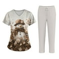 thumbnail image 1 of Wutalume Women's Fashion Print Short Sleeve V-Neck Scrub Set, Christmas Pattern Top with Pockets and Pants, Healthcare Uniform,Brown L, 1 of 5