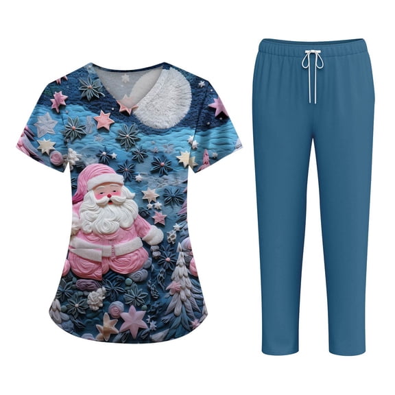 Wutalume Women's Fashion Print Short Sleeve V-Neck Scrub Set, Christmas Pattern Top with Pockets and Pants, Healthcare Uniform,Dark Blue L