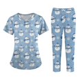 thumbnail image 1 of Wutalume Women's Fashion Print Short Sleeve V-Neck Scrub Set, Christmas Pattern Top with Pockets and Pants, Healthcare Uniform,Light Blue M, 1 of 4