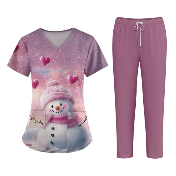 Wutalume Women's Fashion Print Short Sleeve V-Neck Scrub Set, Christmas Pattern Top with Pockets and Pants, Healthcare Uniform,Purple L