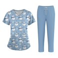 thumbnail image 1 of Wutalume Women's Fashion Print Short Sleeve V-Neck Scrub Set, Christmas Pattern Top with Pockets and Pants, Healthcare Uniform,Sky Blue S, 1 of 4