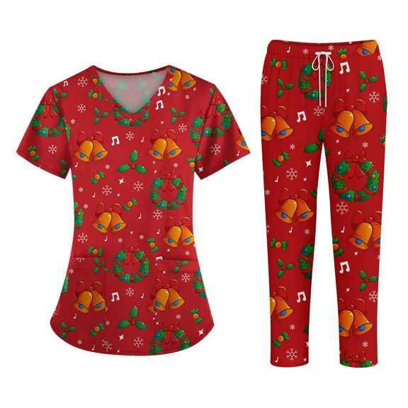 Wutalume Women's Fashion Print Short Sleeve V-Neck Scrub Set, Christmas Pattern Top with Pockets and Pants, Healthcare Uniform,Wine L
